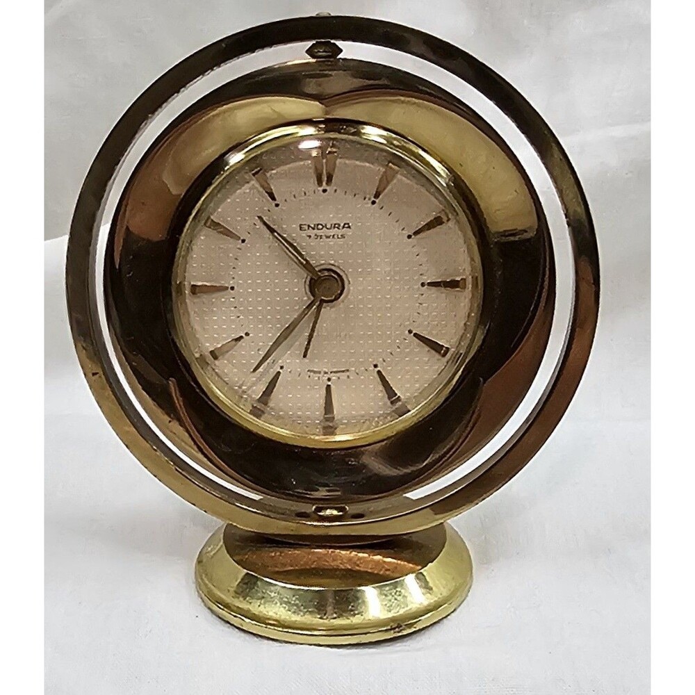 Vtg Endura Swiss Desk Clock Brass Elliptical Frame Mid-Century Elegance France